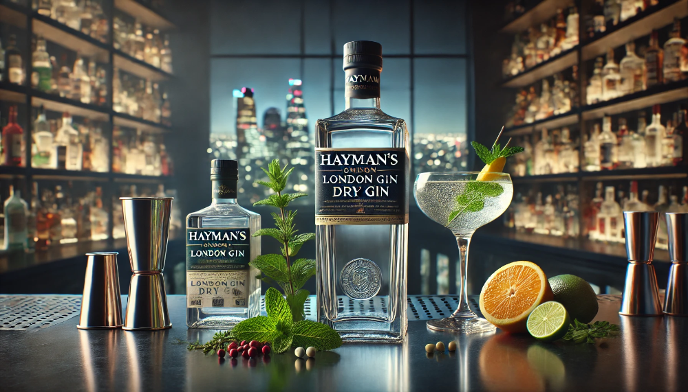 Пляшка Hayman’s London Dry Gin з інгредієнтами для коктейлів, такими як свіжа м'ята, ягоди ялівцю та скибочки цитрусових, на фоні слабо освітленого міського пейзажу.